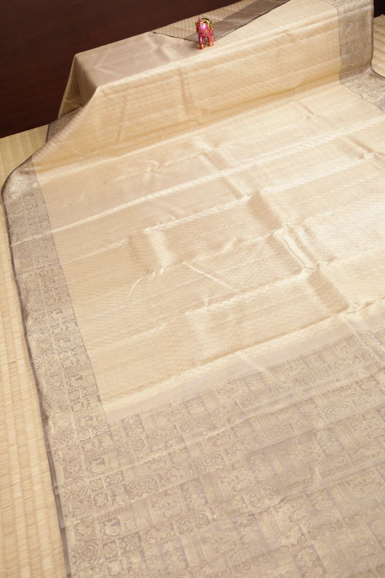 Cream White Kanchipuram Silk Sarees with Gold Zari Buttis (small Dots Or Motifs) view 2