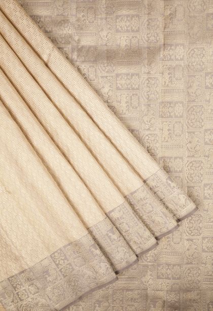 Cream White Kanchipuram Silk Sarees with Gold Zari Buttis (small Dots Or Motifs)