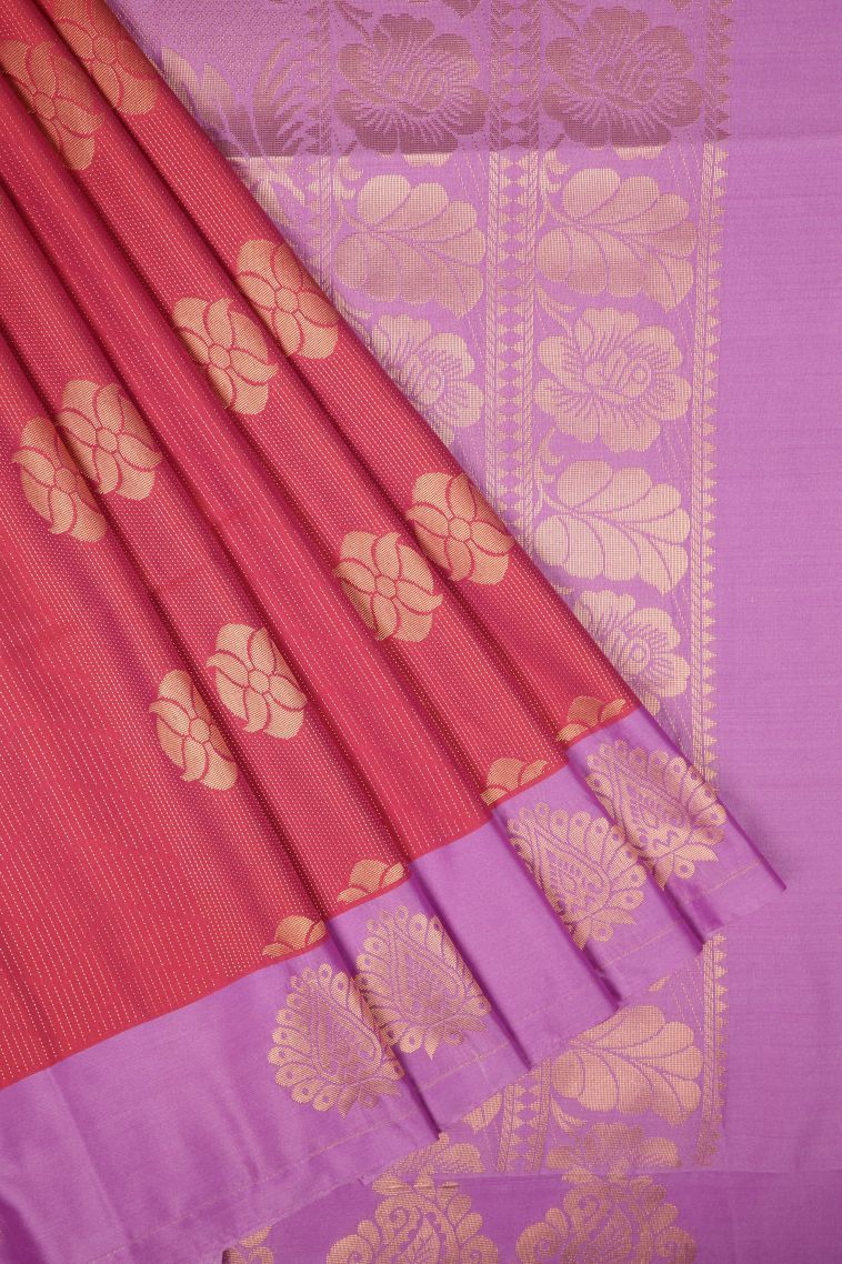 Peach Pink Soft Silk Saree with Copper Zari Stripes view 1