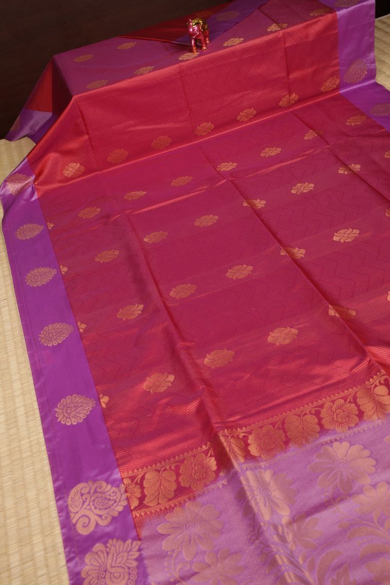 Peach Pink Soft Silk Saree with Copper Zari Stripes view 2