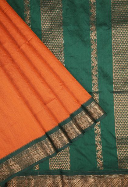 Tiger Orange Kalyani Cotton with Without Zari Zari Plain