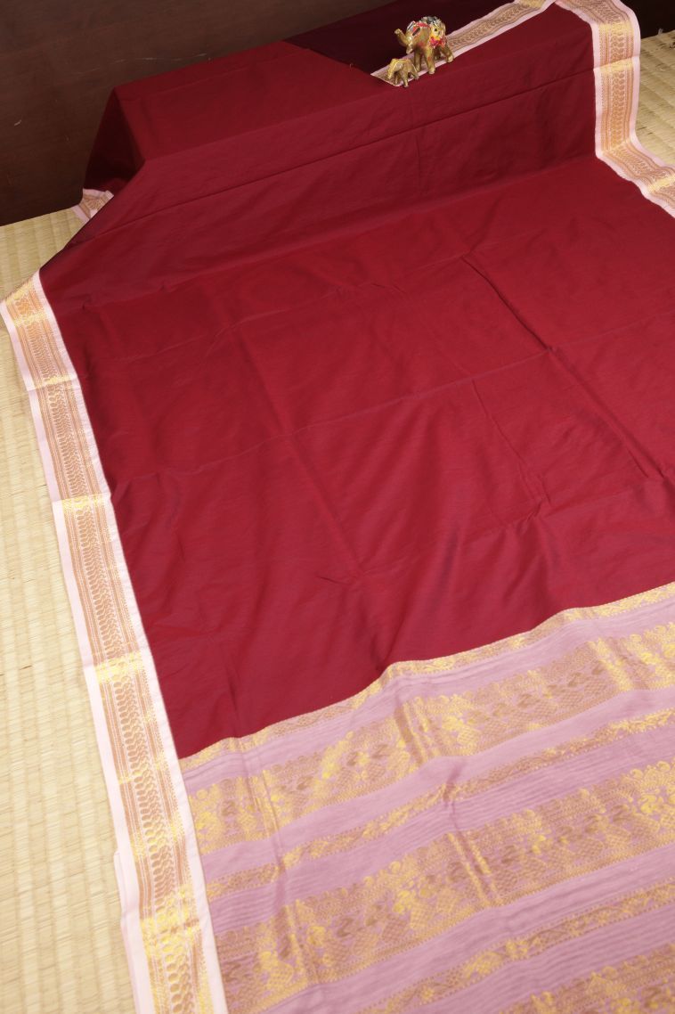 Apple Red Kalyani Cotton with Without Zari Zari Plain view 2