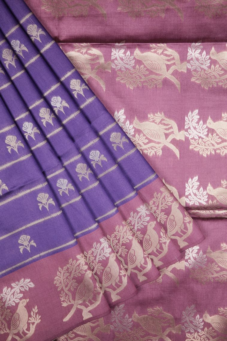 Viola Purple Tussar Saree with Silver Zari Buttis (small Dots Or Motifs) view 1