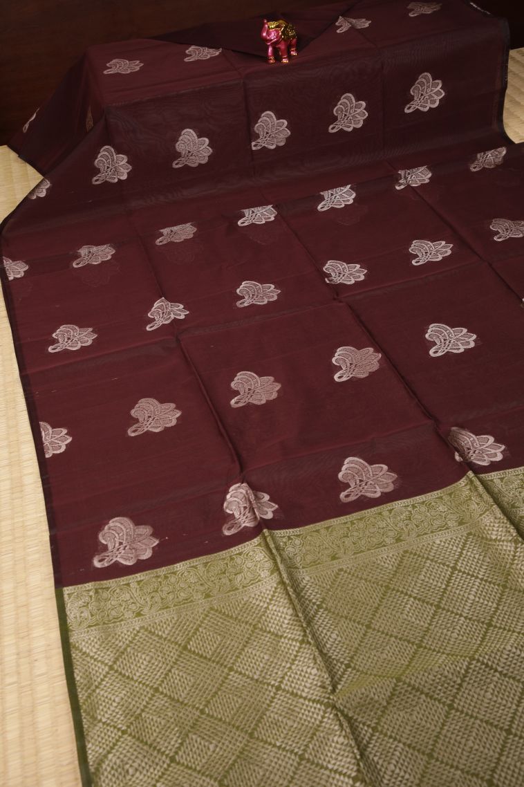 Berry Red Silk Cotton Sarees with Bronze Zari Buttis (small Dots Or Motifs) view 2