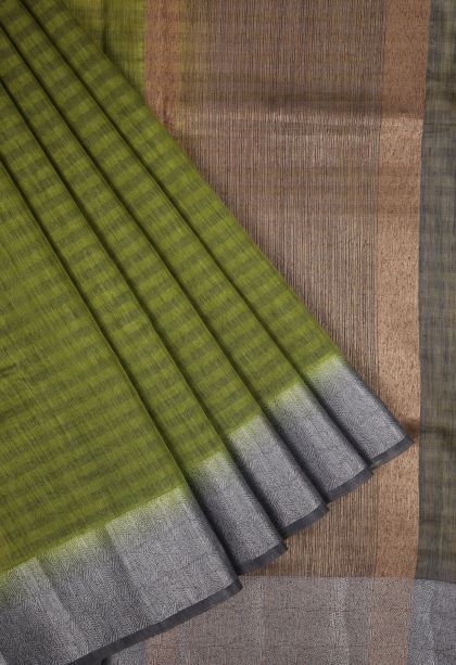 Moccon Green Tussar Saree with Without Zari Zari Stripes