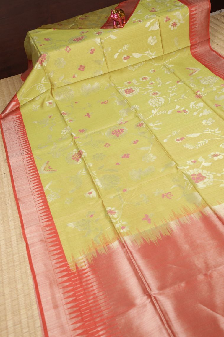 Lime Green Tussar Saree with Silver Zari Buttis (small Dots Or Motifs) view 2