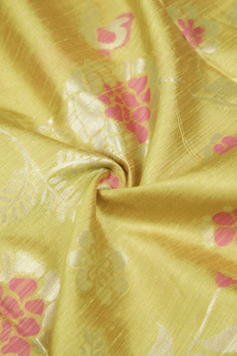 Lime Green Tussar Saree with Silver Zari Buttis (small Dots Or Motifs) view 4