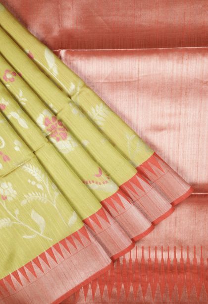 Lime Green Tussar Saree with Silver Zari Buttis (small Dots Or Motifs)