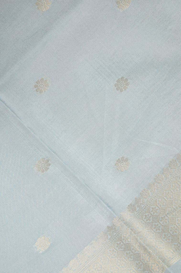 Azure Blue Tussar Saree with Silver Zari Floral Patterns view 3