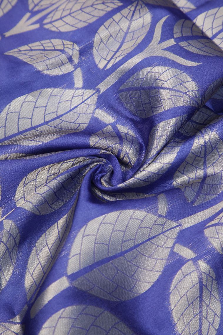 Azure Blue Tussar Saree with Silver Zari Floral Patterns view 4