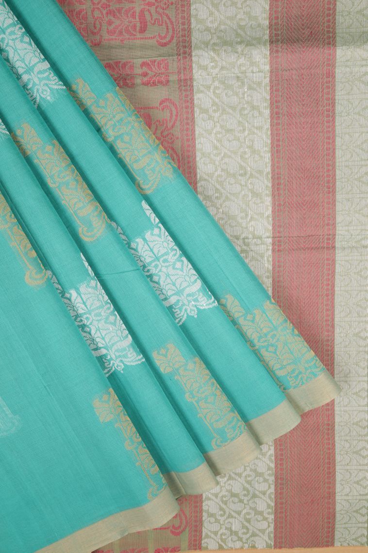 Arctic Blue Pure Handloom Kovai Cotton with Without Zari Zari Buttis (small Dots Or Motifs) view 1