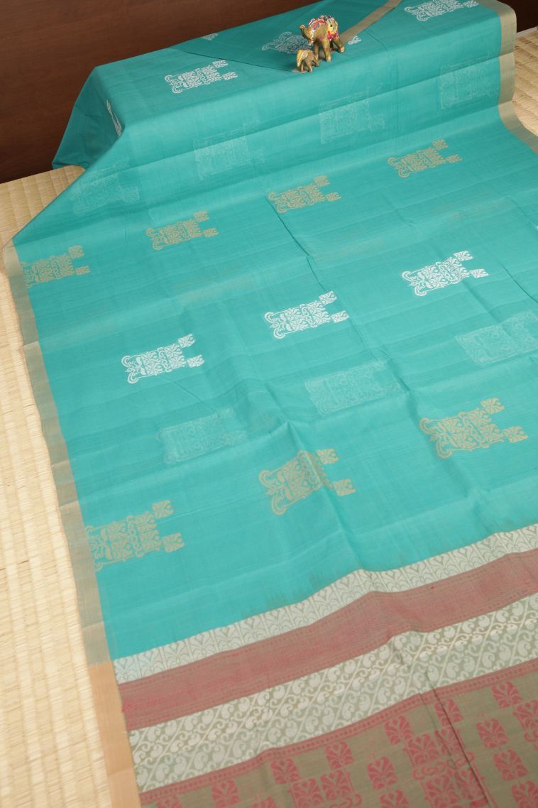 Arctic Blue Pure Handloom Kovai Cotton with Without Zari Zari Buttis (small Dots Or Motifs) view 2