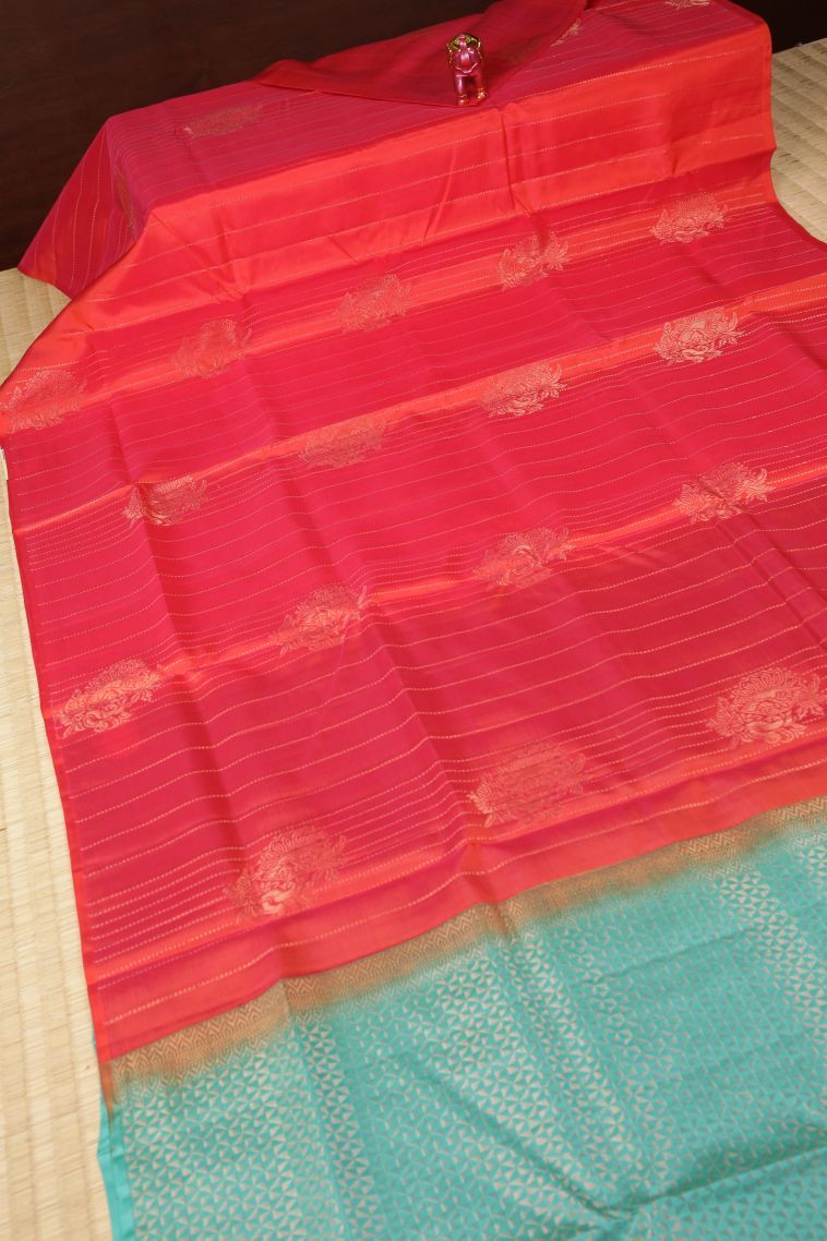 Strawberry Pink Soft Silk Saree with Copper Zari Stripes view 2