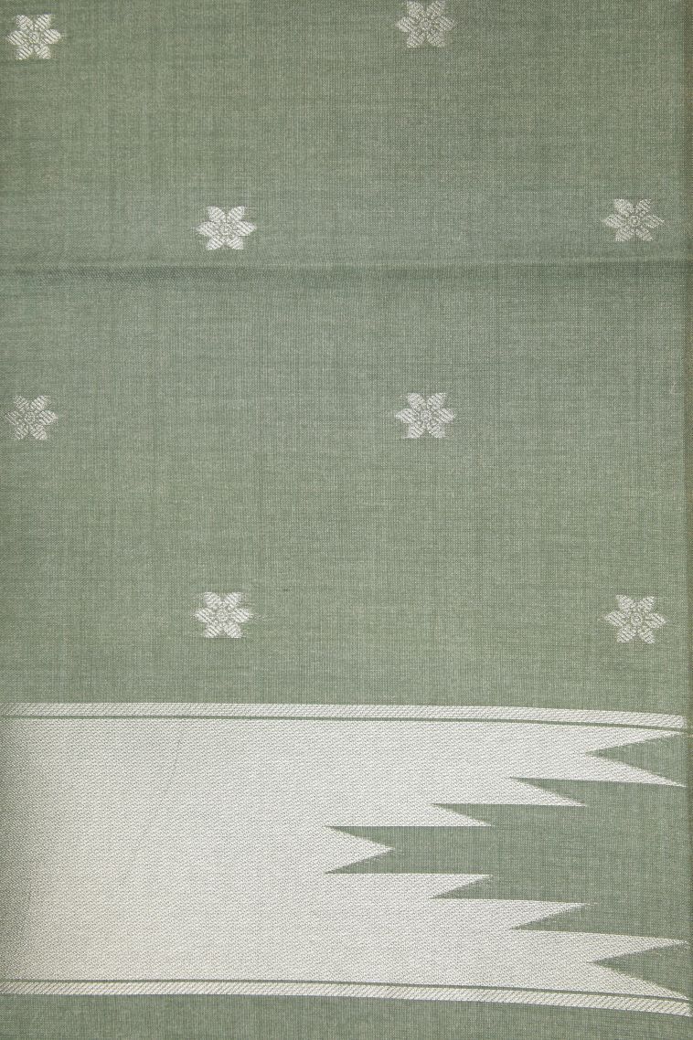 Cream White Tussar Saree with Silver Zari Buttis (small Dots Or Motifs) view 3