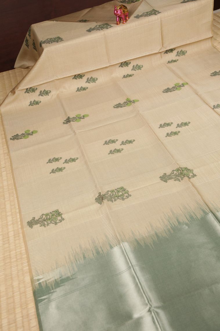 Cream White Tussar Saree with Silver Zari Buttis (small Dots Or Motifs) view 2