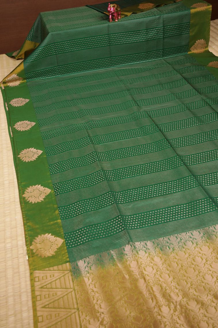 Pine Green Soft Silk Saree with Copper Zari Stripes view 2