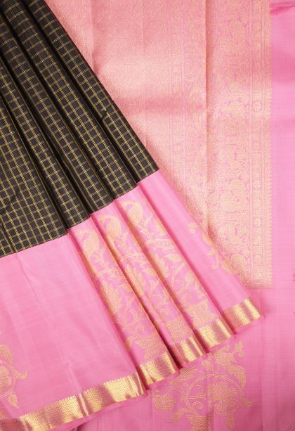 Asphalt Black Kanchipuram Silk Sarees with Gold Zari Checks