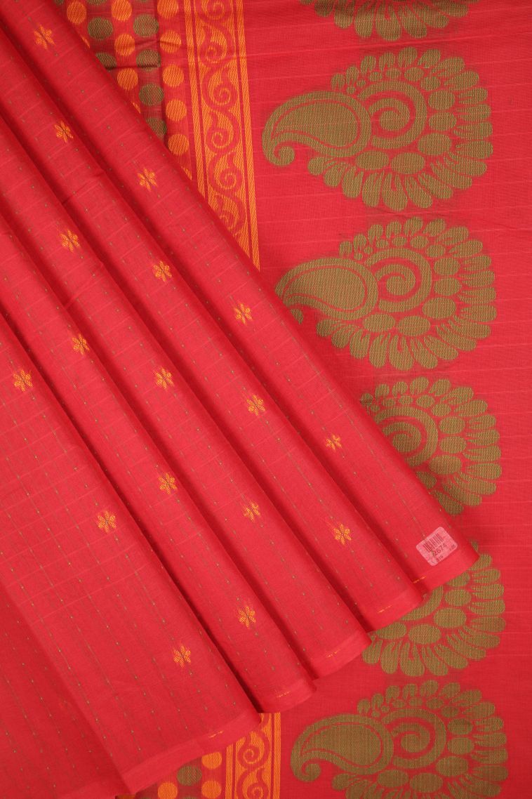 Candy Red Kovai Cotton Sarees with Without Zari Zari Stripes view 1