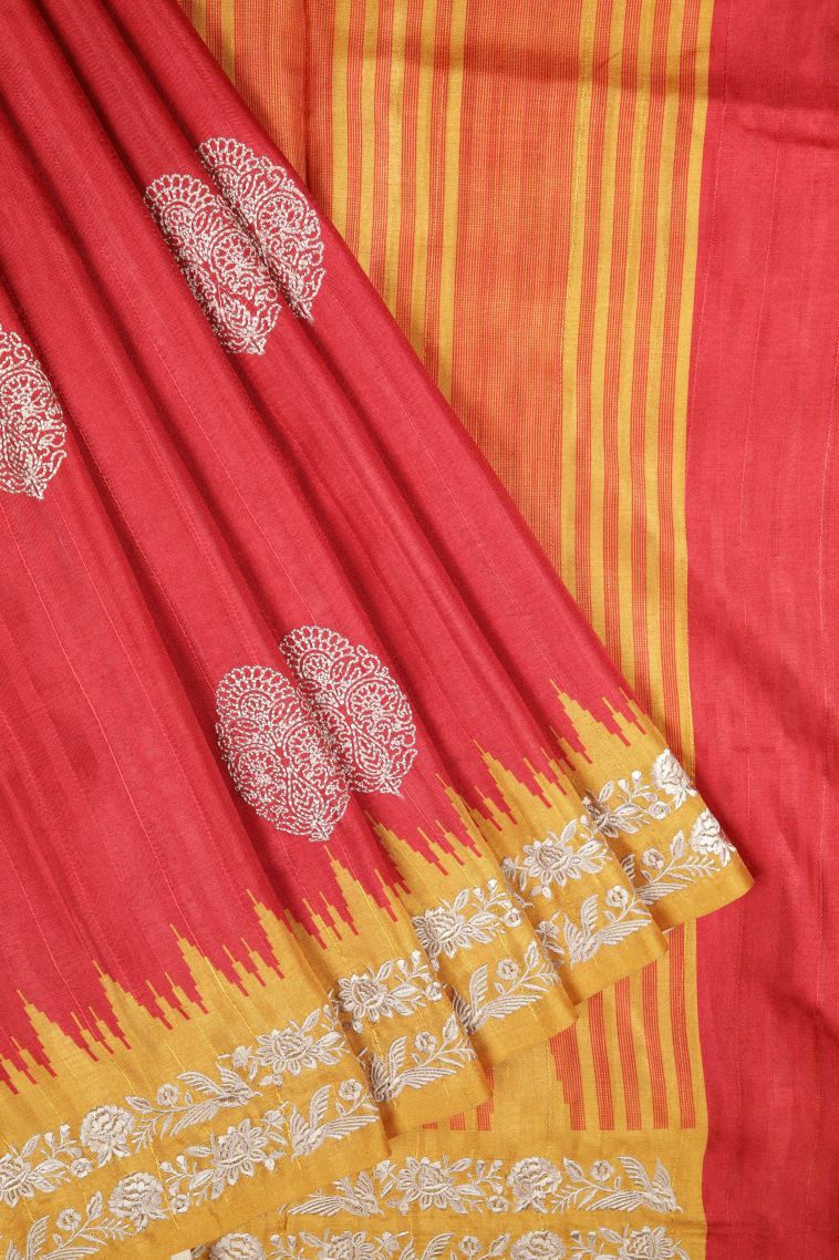 Rose  Red Tussar Saree with Without Zari Zari Buttis (small Dots Or Motifs) view 1