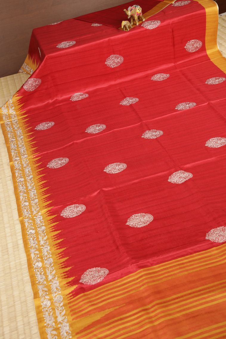 Rose  Red Tussar Saree with Without Zari Zari Buttis (small Dots Or Motifs) view 2