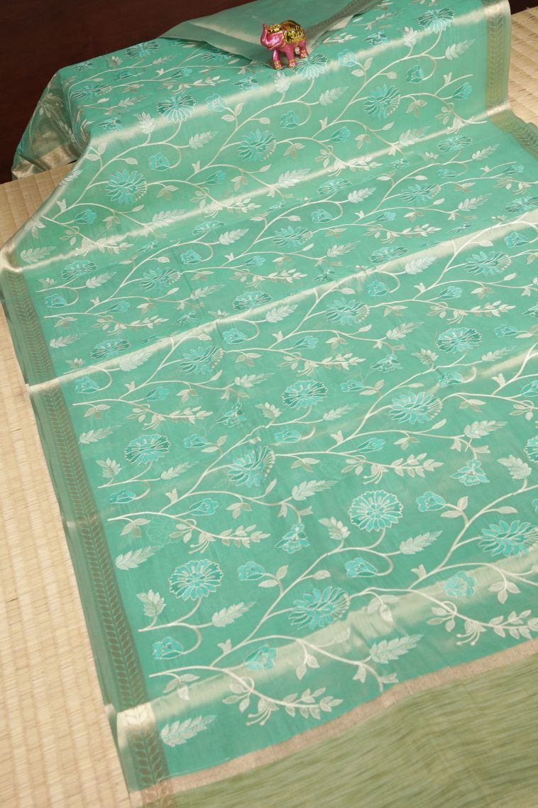 Mint Green Tussar Saree with Without Zari Zari Floral Patterns view 2