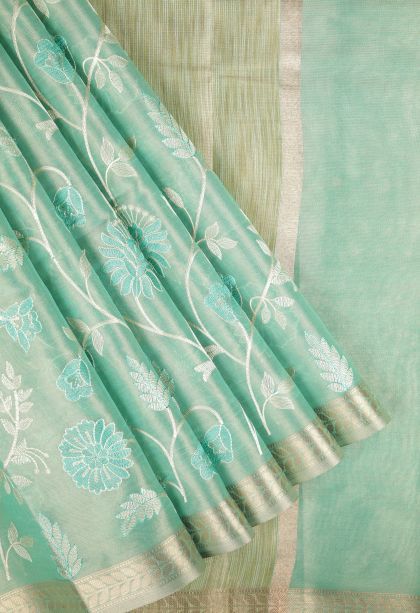 Mint Green Tussar Saree with Without Zari Zari Floral Patterns