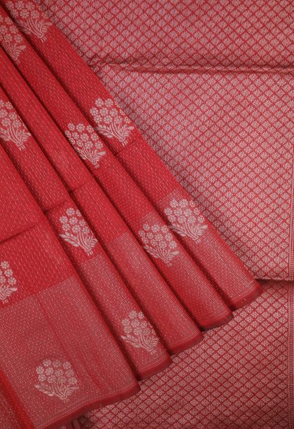 Apple Red Silk Cotton Sarees with Copper Zari Stripes