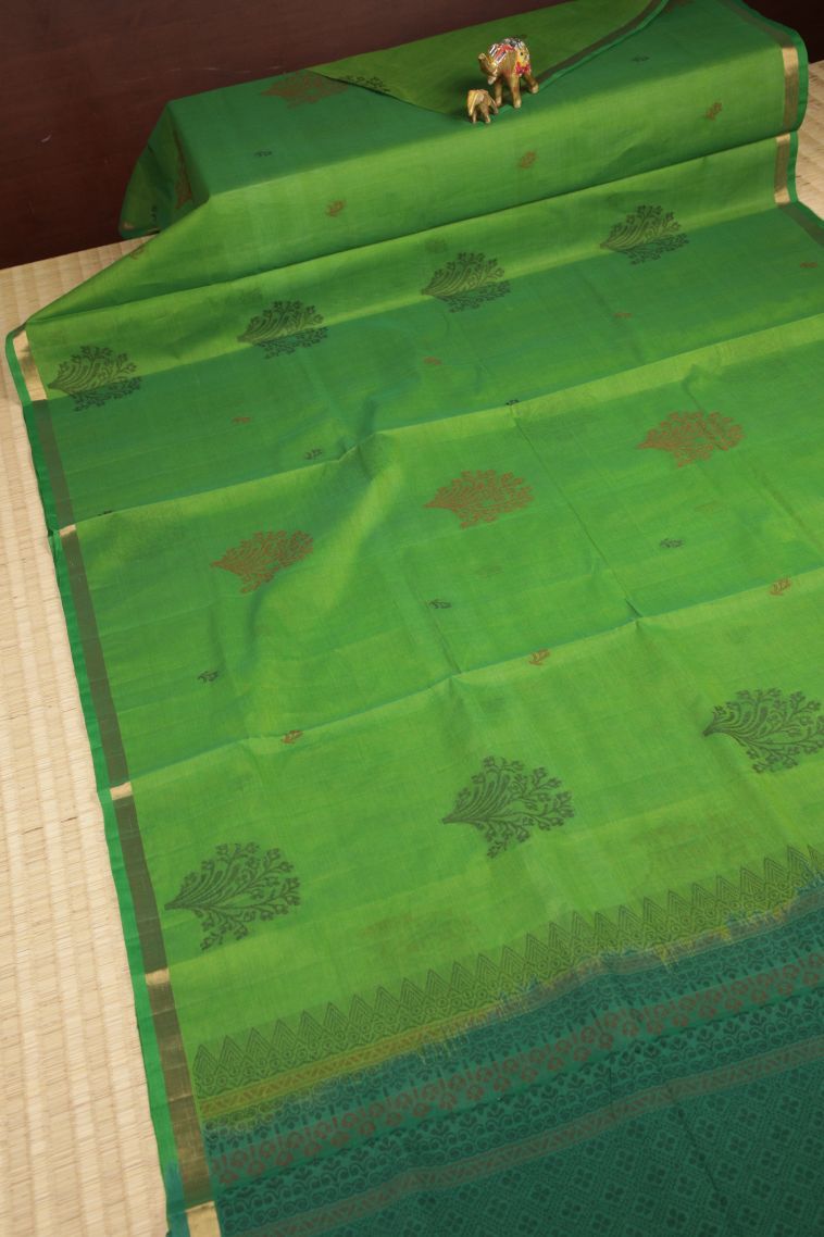 Juniper Green Pure Handloom Kovai Cotton with Without Zari Zari Buttis (small Dots Or Motifs) view 2
