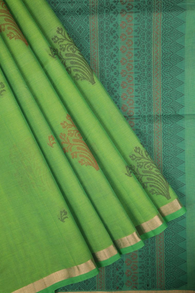 Juniper Green Pure Handloom Kovai Cotton with Without Zari Zari Buttis (small Dots Or Motifs) view 1