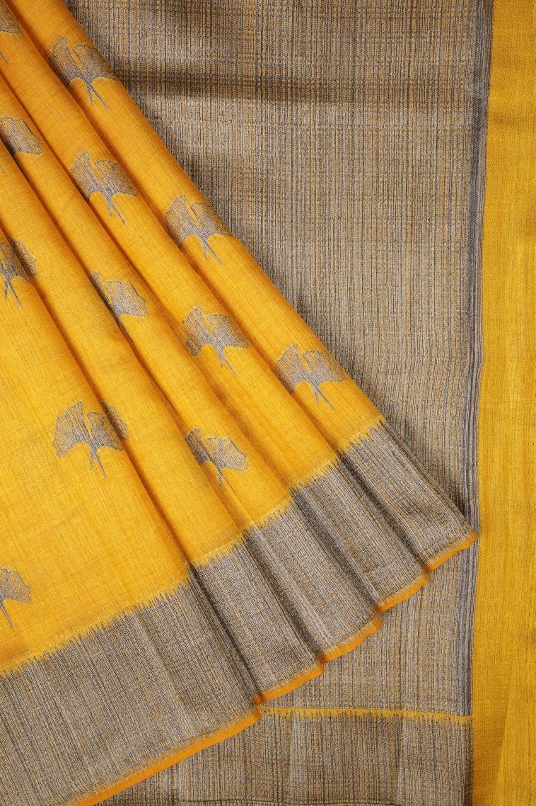 Lemon Yellow Tussar Saree with Bronze Zari Buttis (small Dots Or Motifs) view 1