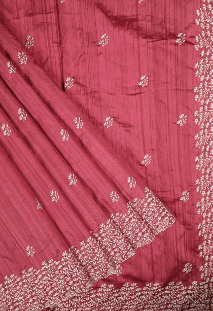 Apple Red Tussar Saree with Without Zari Zari Buttis (small Dots Or Motifs)