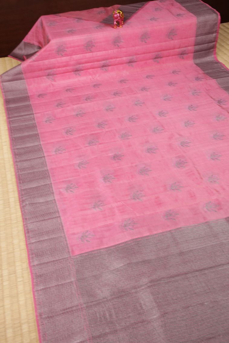 Ballet Pink Tussar Saree with Bronze Zari Buttis (small Dots Or Motifs) view 2