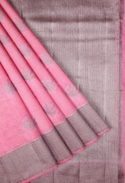 Ballet Pink Tussar Saree with Bronze Zari Buttis (small Dots Or Motifs)