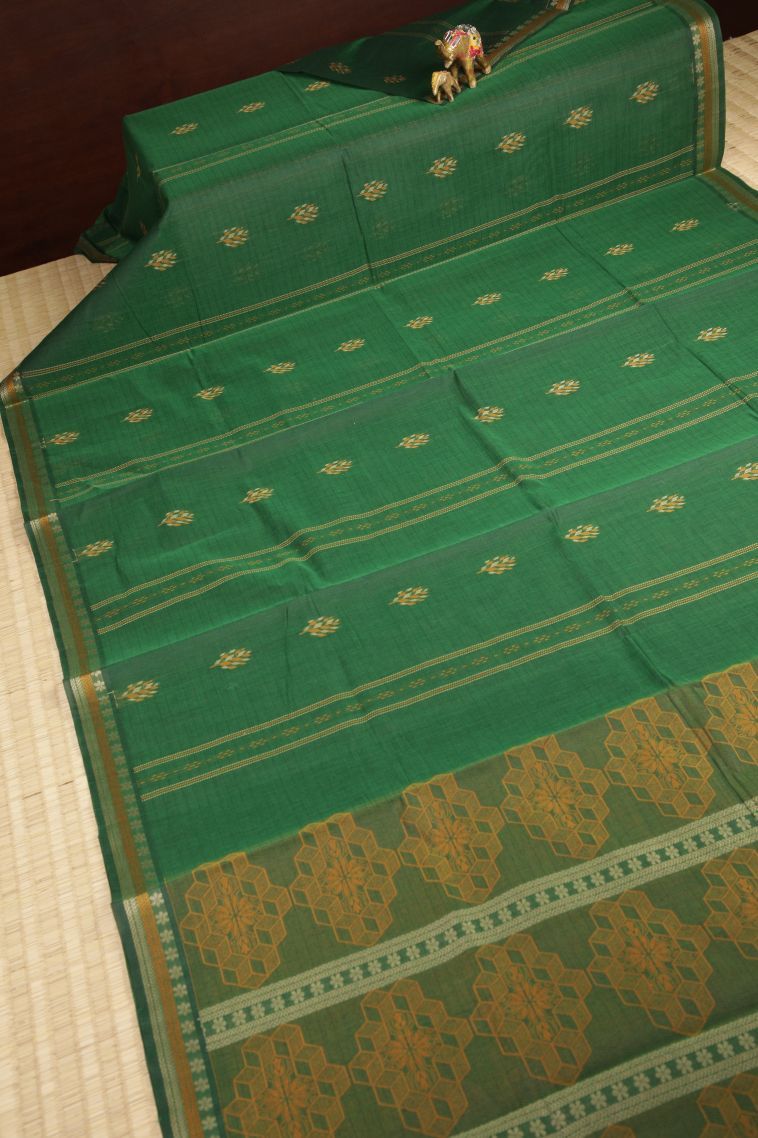 Basil Green Kovai Cotton Sarees with Without Zari Zari Stripes view 2