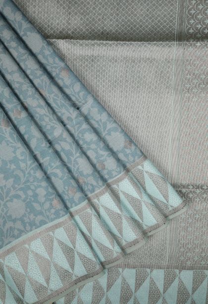 Cerulean Blue Tussar Saree with Without Zari Zari Floral Patterns