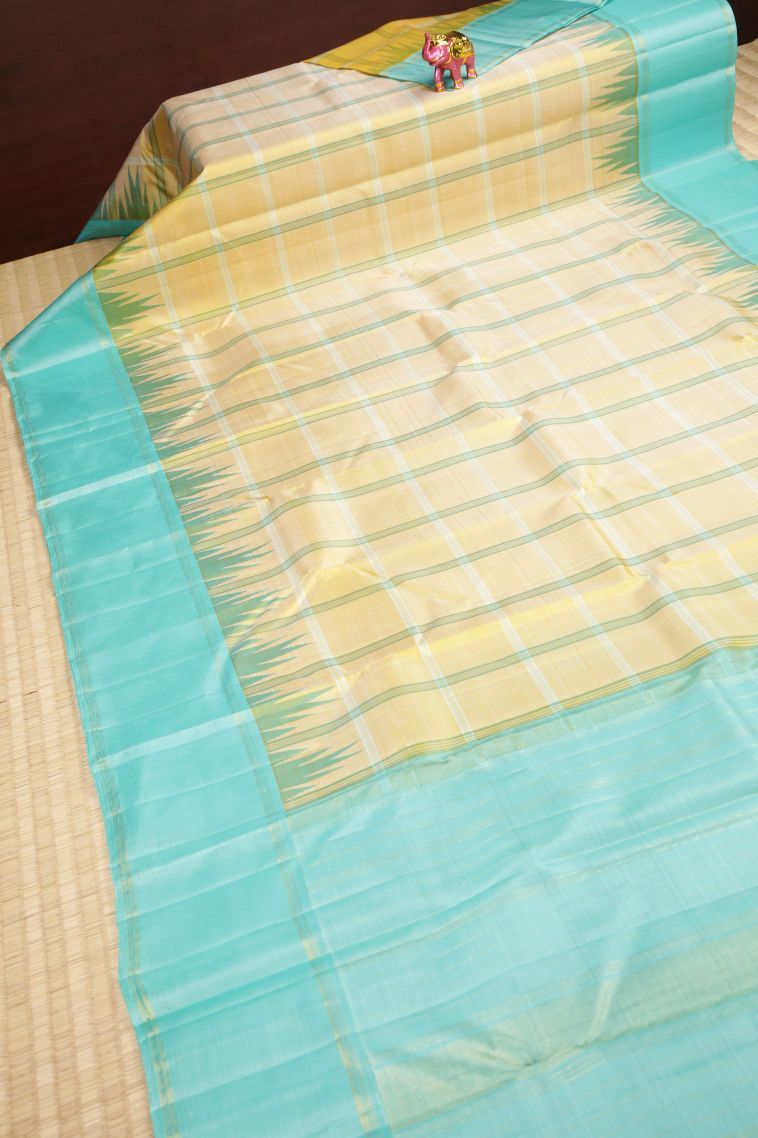 Cream White Kanchipuram Silk Sarees with Without Zari Zari Checks view 2