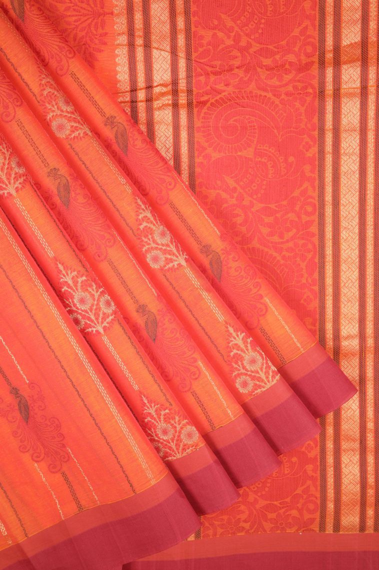 Coral Pink Kovai Cotton Sarees with Without Zari Zari Stripes view 1