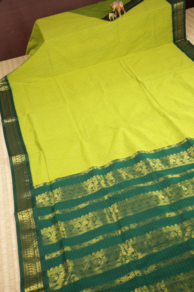 Chartreuse Green Kalyani Cotton with Without Zari Zari Checks view 2