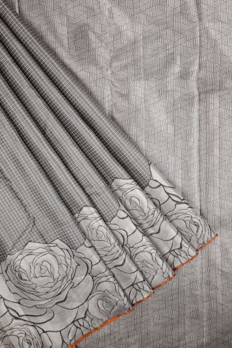 Granite Black Kanchipuram Silk Sarees with Silver Zari Checks view 1