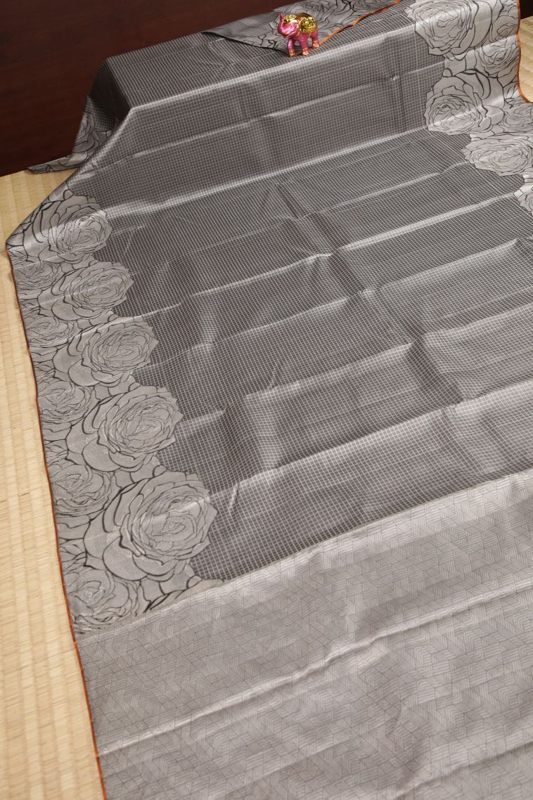 Granite Black Kanchipuram Silk Sarees with Silver Zari Checks view 2