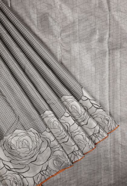 Granite Black Kanchipuram Silk Sarees with Silver Zari Checks