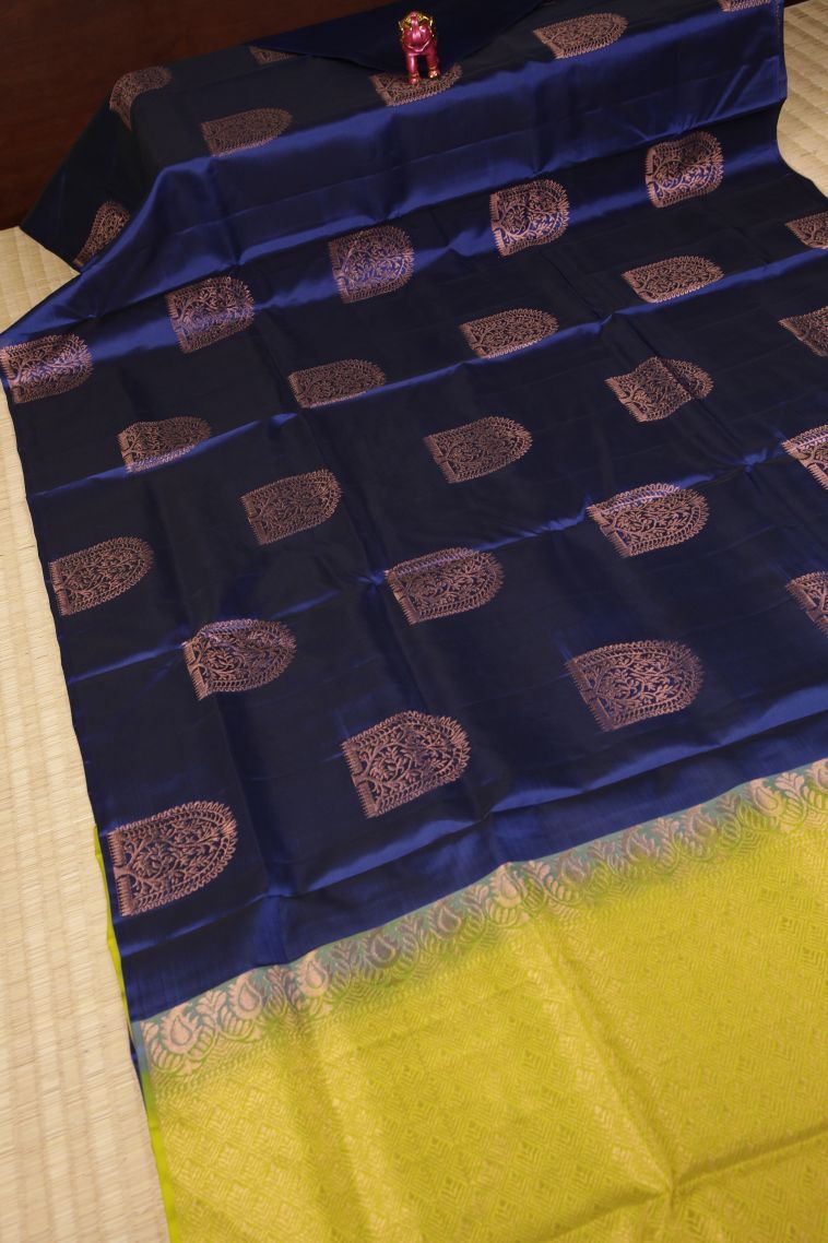 Berry Blue Soft Silk Saree with Copper Zari Buttis (small Dots Or Motifs) view 2