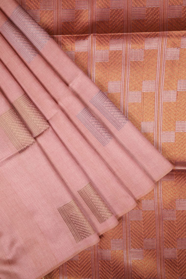 Flamingo Pink Tussar Saree with Bronze Zari Buttis (small Dots Or Motifs) view 1