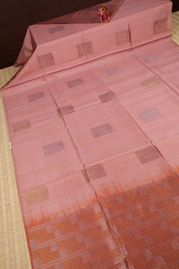Flamingo Pink Tussar Saree with Bronze Zari Buttis (small Dots Or Motifs) view 2