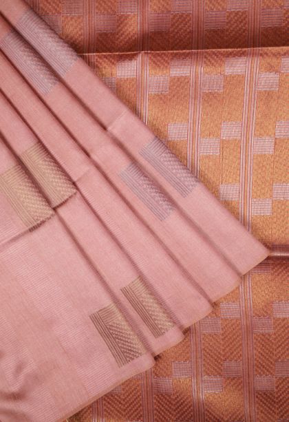 Flamingo Pink Tussar Saree with Bronze Zari Buttis (small Dots Or Motifs)