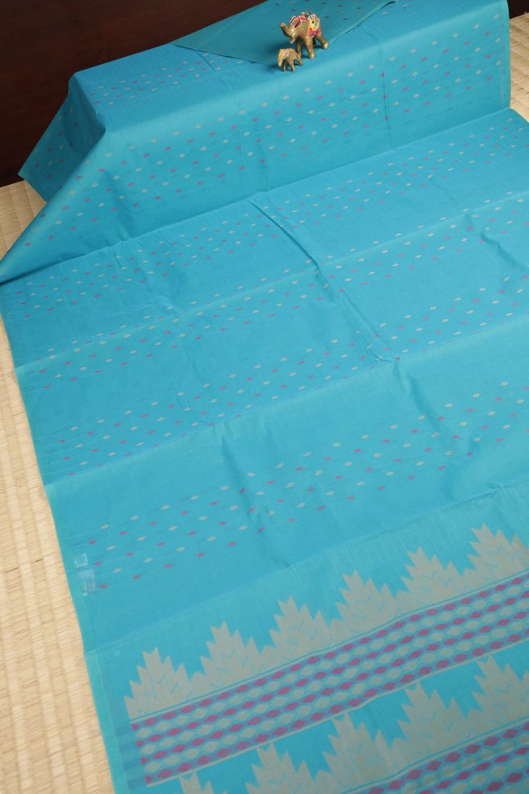 Arctic Blue Kovai Cotton Sarees with Without Zari Zari Buttis (small Dots Or Motifs) view 2