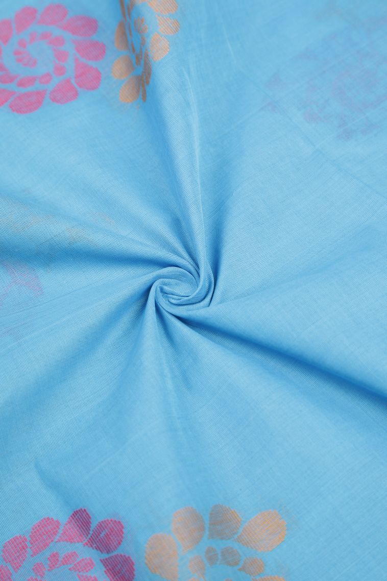 Arctic Blue Pure Handloom Kovai Cotton with Without Zari Zari Buttis (small Dots Or Motifs) view 4