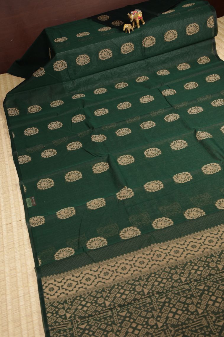 Bottle Green Silk Cotton with Without Zari Zari Buttis (small Dots Or Motifs) view 2
