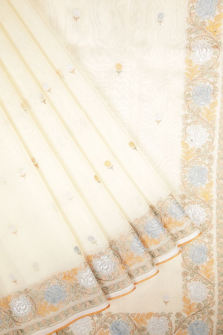 Cream White Tussar Saree with Without Zari Zari Buttis (small Dots Or Motifs) view 1