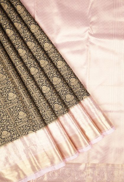 Asphalt Black Samudrika Pattu with Copper Zari Floral Patterns